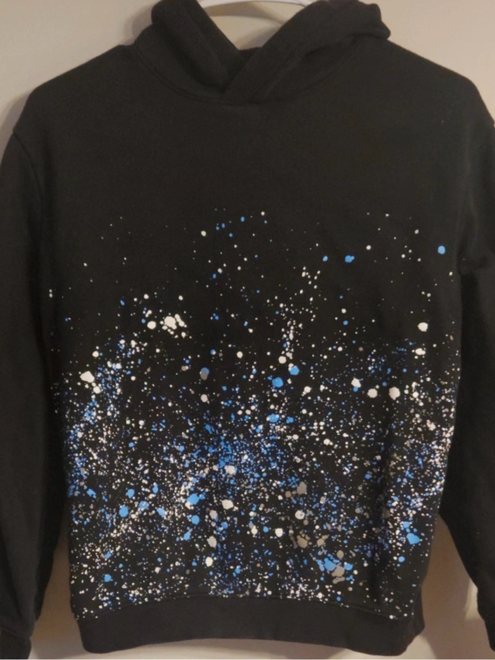 Black Splatter-Print Hoodie Sweater - Blue/White Accents